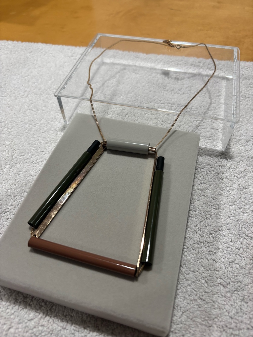 Modern Rose Gold Geometric Pendant Necklace with Olive and Taupe Accents